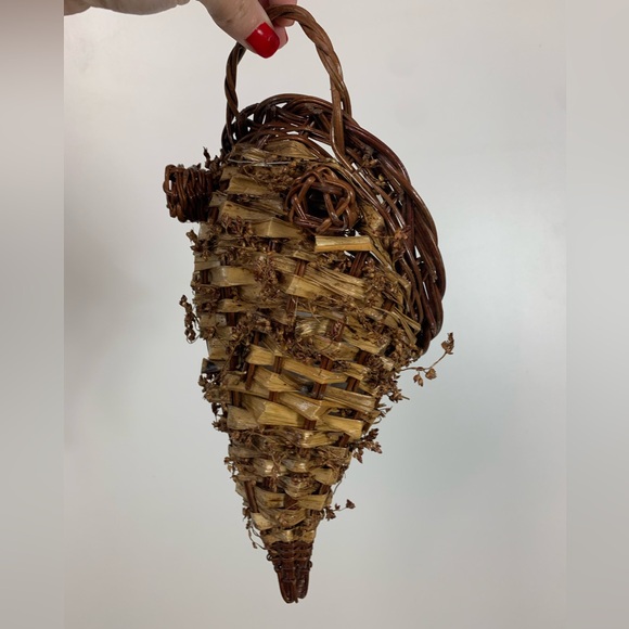 Primitive Cornucopia Horn Basket Lined Floral Thanksgiving Fall Farmhouse Rustic - Picture 9 of 16